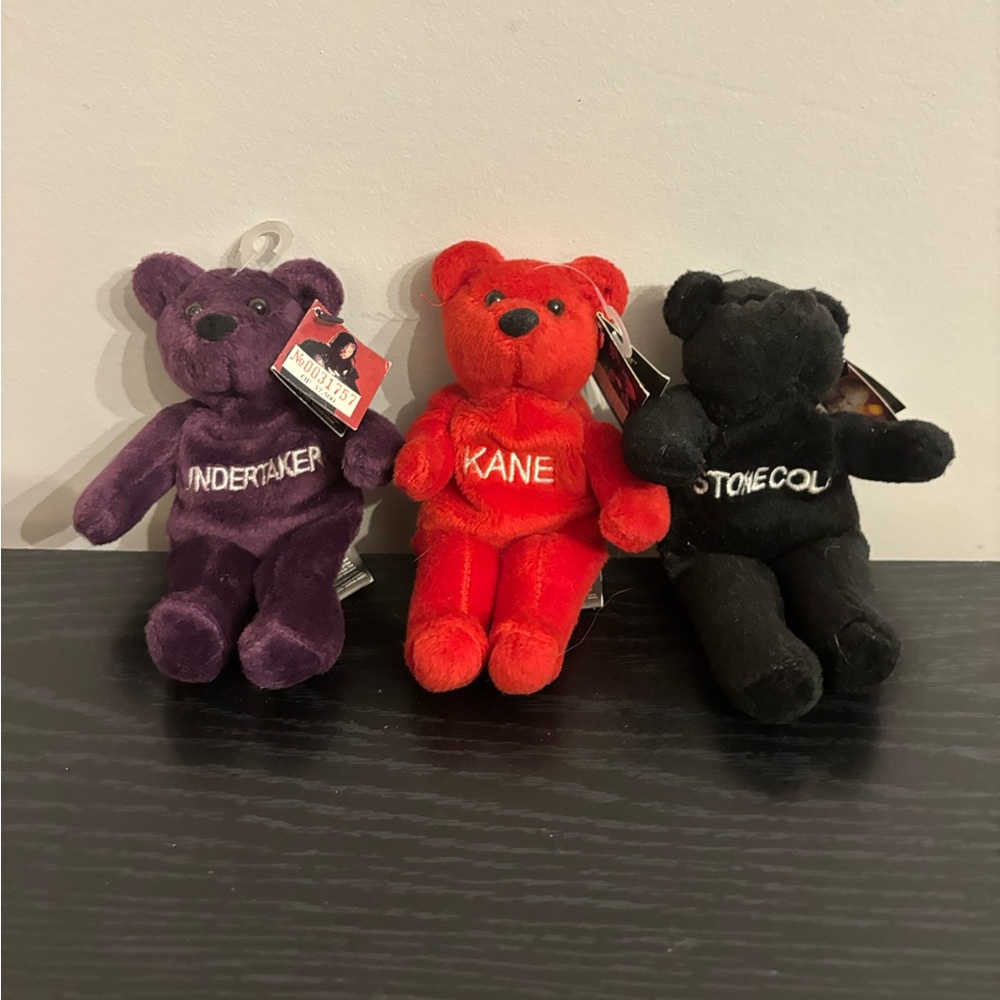 VTG WWF Attitude Bears Plush Undertaker, Stone Cold & Kane 3 Bear Lot Wrestling